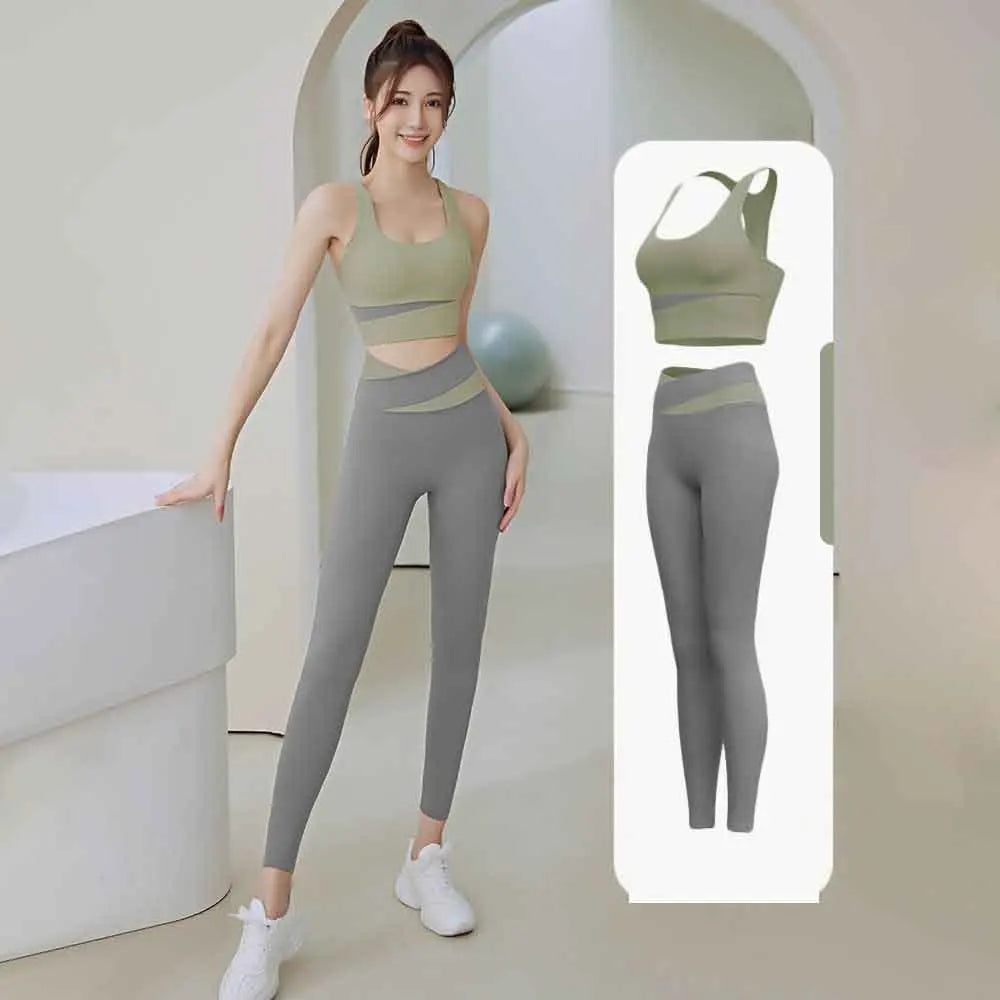 High Waist Yoga Set Lady Gym Suit Sport Set Shockproof Sport Bra Crop Top Patchwork Tracksuit Women Fitness Outfit Training Wear