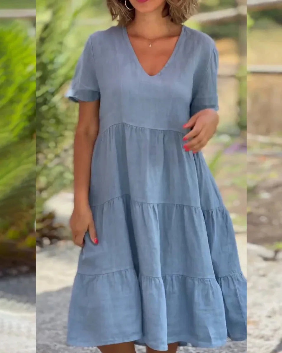 Cotton Linen Casual Women's Dresses 2025 Spring/Summer Sweet  Short Sleeve Solid V-neck Large Swing Loose Dress  S-5XL