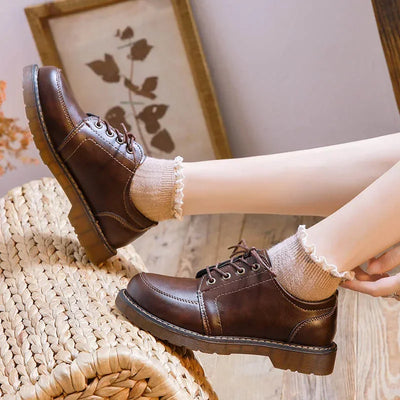 35-40 Women Oxfords Women's Shoes Ladies Leather Female Round Toe Sewing Retro Comfortable Footwear Lolita Shoe Brown