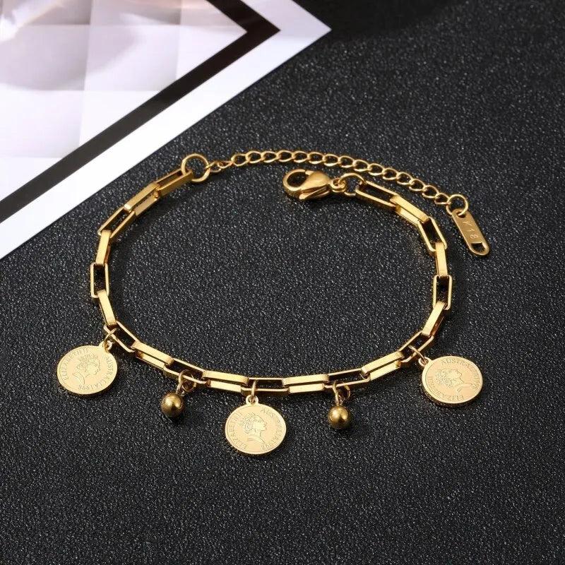 1pcs Gold-color Bracelet Ladies Hip Hop Style Stainless Steel Round Sign Portrait Pendant Wide Cross Chain Jewelry