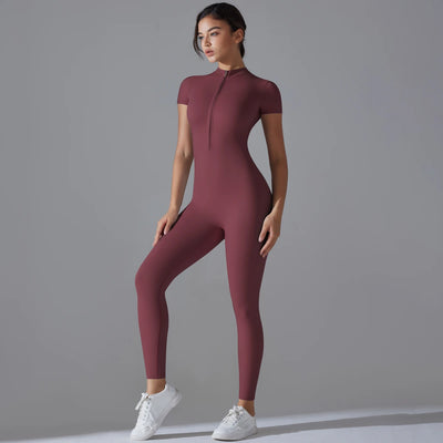 Yoga Set Women's Jumpsuits One-Piece Suit Zipper Short Sleeve Gym Push Up Workout Clothes Fitness Bodysuit Sportswear Tracksuit