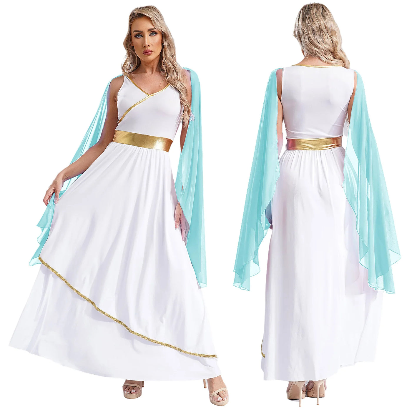 Womens Ancient Greek Costume Halloween Greek Princess Deity Queen Cosplay Flowy Tulle Chiffon Toga Dress Carnival Fancy Dress Up