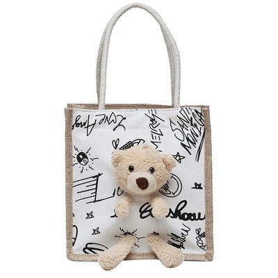 Girls Simple Cute Bear Handbag Ladies Fashion Commuter Canvas Bag Cubic Bear Decoration Canvas Material