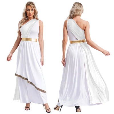 Womens Ancient Greek Costume Halloween Greek Princess Deity Queen Cosplay Flowy Tulle Chiffon Toga Dress Carnival Fancy Dress Up