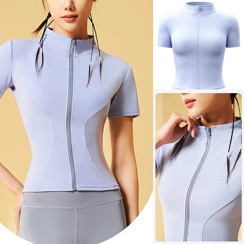 PofyBofy Quick Dry Stretchy Stand Collar Full Zipper Short Sleeve Slim Fit Fashion Women’s Yoga Jacket Fitness Running Sportwear