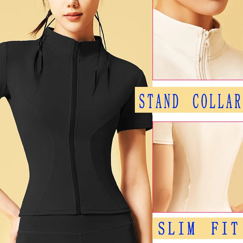 PofyBofy Quick Dry Stretchy Stand Collar Full Zipper Short Sleeve Slim Fit Fashion Women’s Yoga Jacket Fitness Running Sportwear