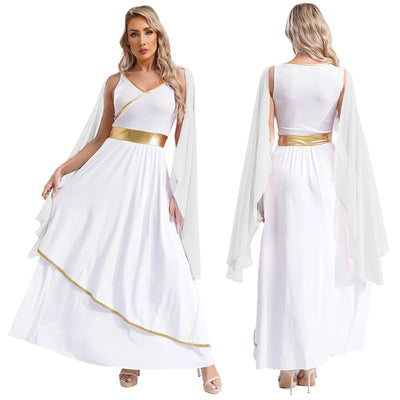 Womens Ancient Greek Costume Halloween Greek Princess Deity Queen Cosplay Flowy Tulle Chiffon Toga Dress Carnival Fancy Dress Up