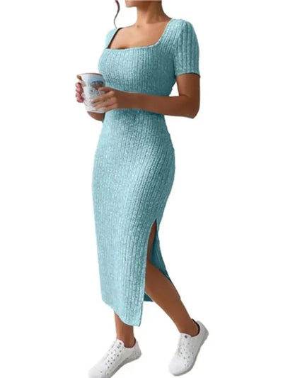 Summer Square Neck, Hip-Hugging Mid-Length Skirt, Short-Sleeved, Versatile Knitted Slit Dress