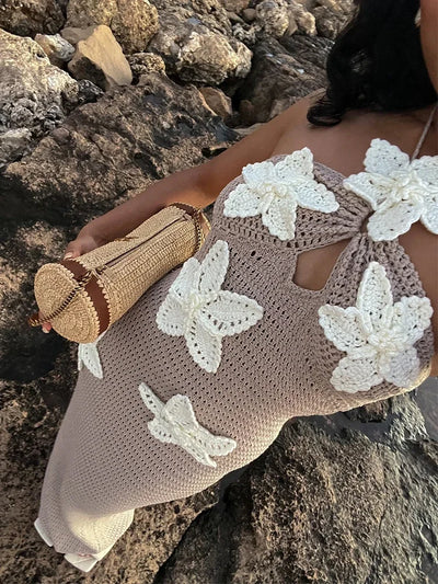 Women’s Beach Dresses Sexy Backless Knitted Long Dress Star Crochet Maxi Dresses 2024 Summer Women Beach Wear