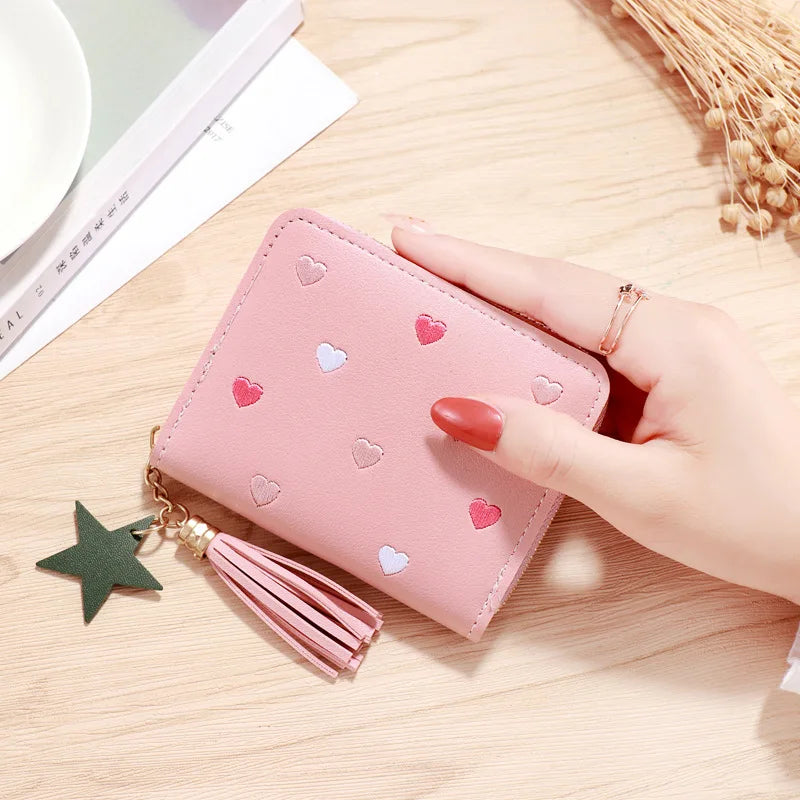 Pu Leather Card Bag Mini Wallet Ladies Money Clip Love Embroidery Multifunctional Wallet Women Short Certificate Storage Bags