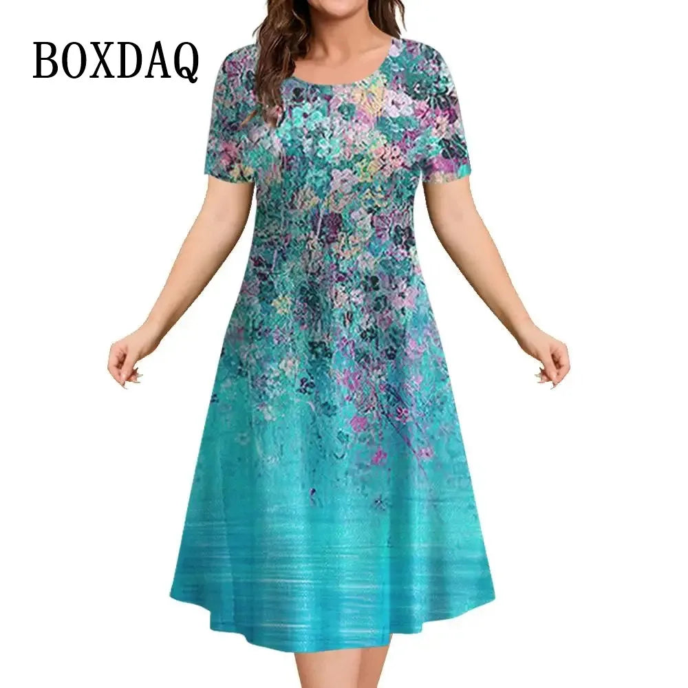 New Women‘s Dresses 3d Flowers Pattern Short Sleeve Clothing Casual Fashion A-Line Dress Summer Lady Oversized Vacation Dresses