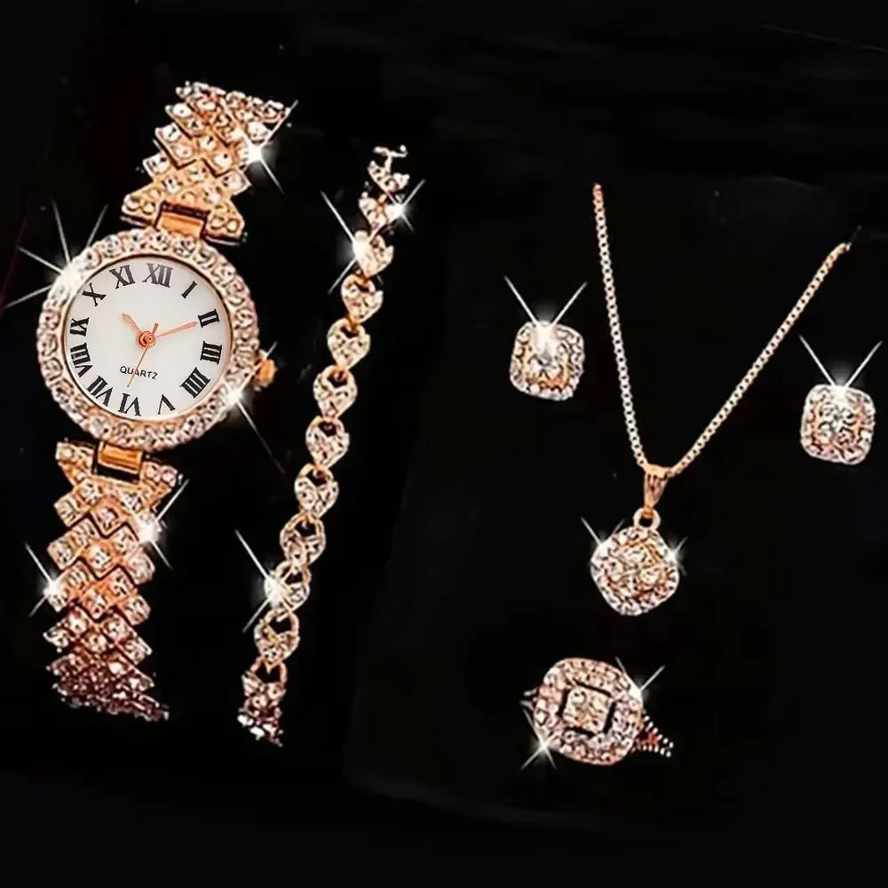 Glamorous 6pcs/set Womens Luxury Rhinestone Quartz Watch with Rome Numerals - Stylish Analog Wrist Jewelry Set, Perfect