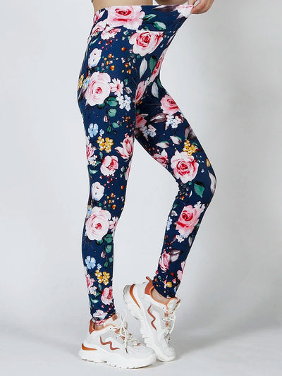 CUHAKCI Workout Push Up High Wasit Navy Pink Flowers Printing Leggings Women Clothes Sports Yoga Pencil Pants Soft Tights S-2XL